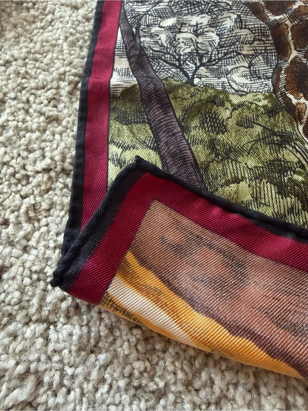 Wathne Africa Compass Print Silk Scarf with Yellow and Burgundy Accents